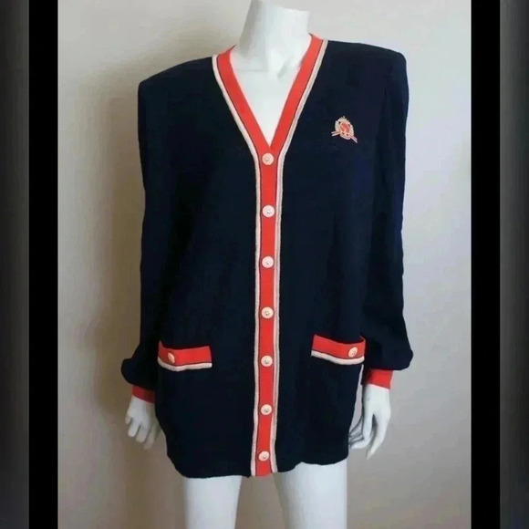 St. John Collection Navy Blue Red Santana Knit Cardigan - Picture 3 of 5